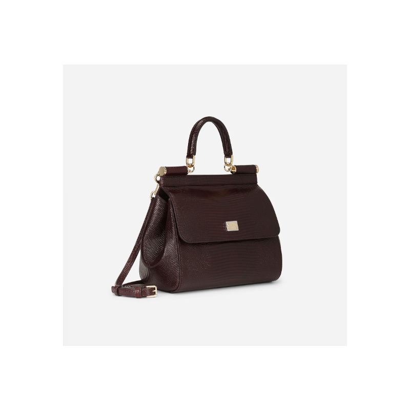 Dolce Gabbana Medium Sicily handbag in iguana-print calfskin-Bordeaux